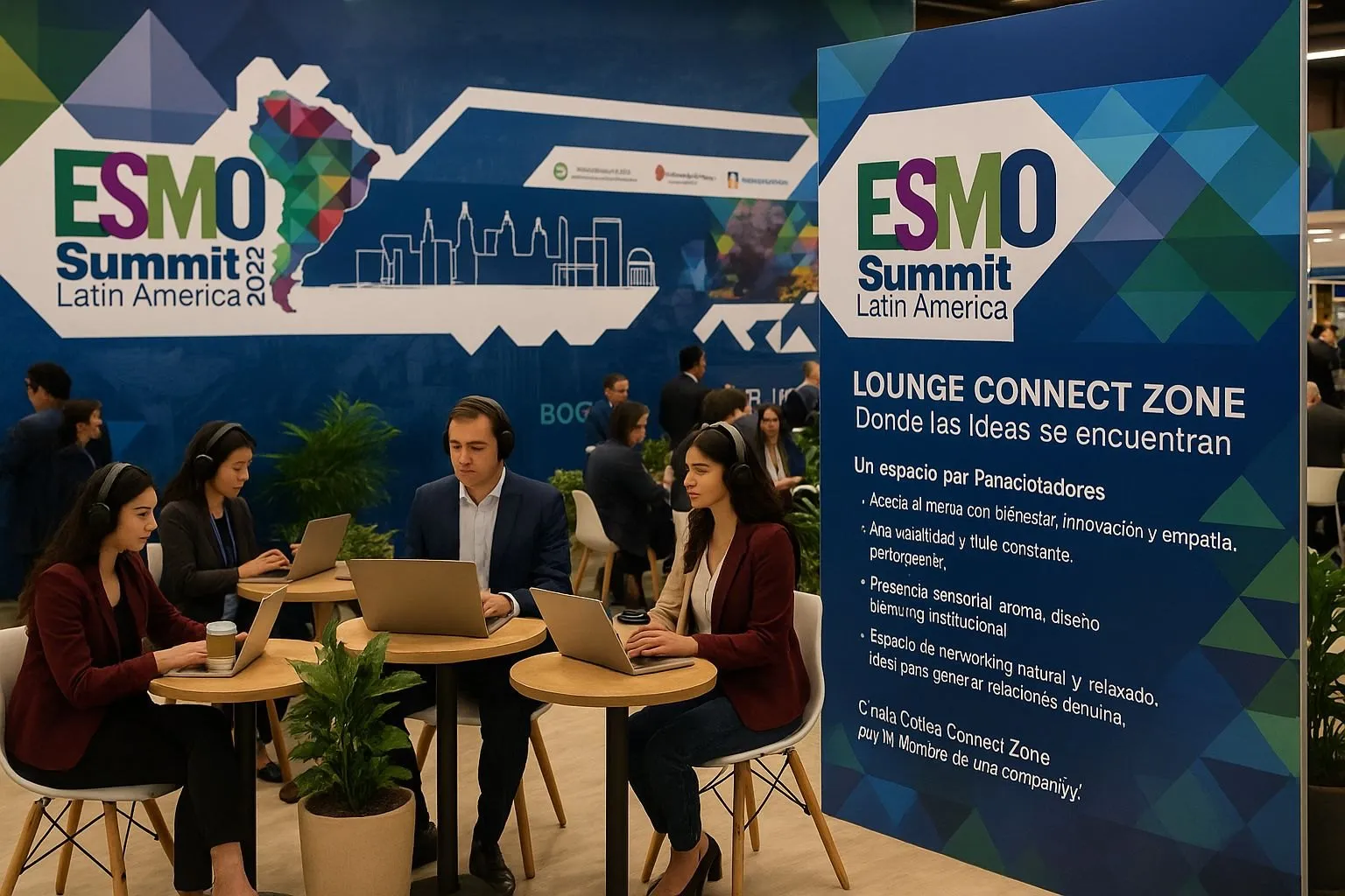 Lounge Connect Zone con asistentes trabajando en mesas durante el ESMO Summit
